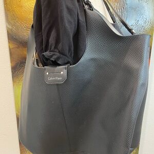 Calvin Klein Pebbled Black Oversized Tote with Silver Lining